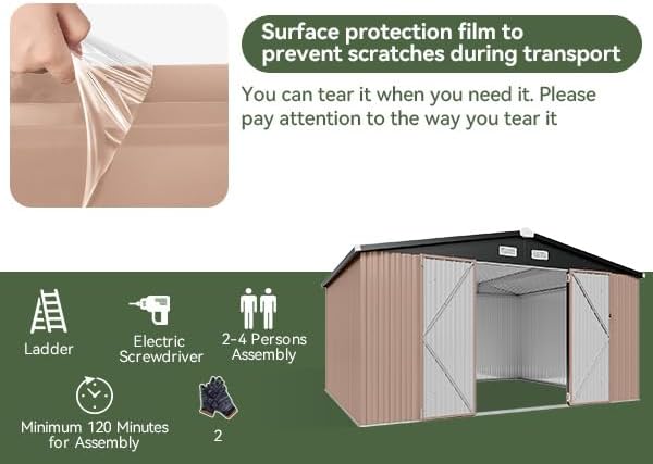 Aoxun 12'x10' Outdoor Metal Storage Shed with Lockable Door & Sloping Roof- Ideal for Tools, Garden Equipment & Bikes, Perfect for Patio Placement(Brown)