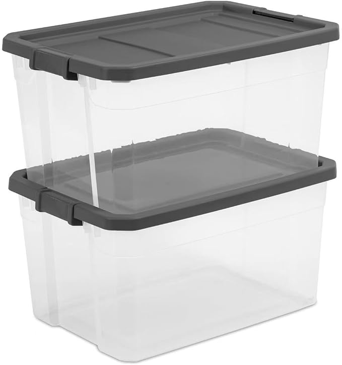 (2 Pack) 76 Quart Durable Clear Plastic Storage Bins, Storage Container with Latch Lid Dark Gray Suitable for Office,Hoilday Decor,Garage Organization.