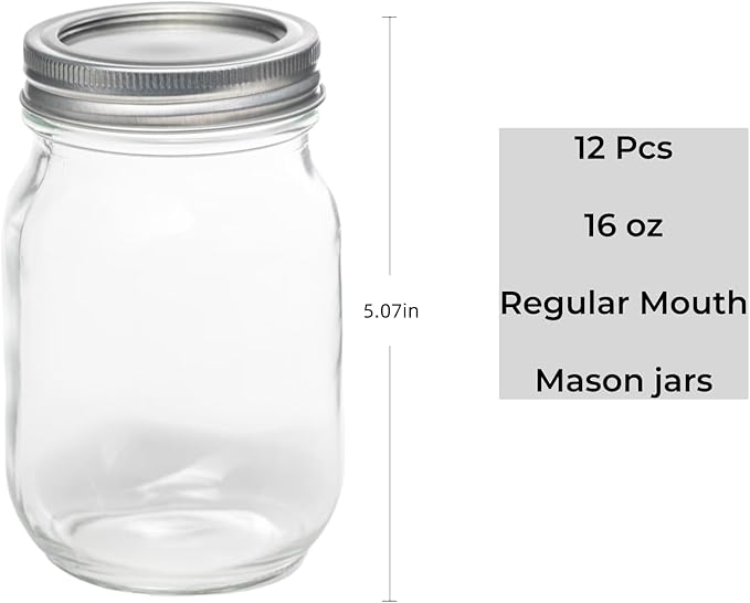12 Pack 16oz Mason Jars, Regular Mouth jars with Silver Metal Lids, Canning Jars for Overnight Oats, Food Storage, Dry Food, Snacks, Candies and More
