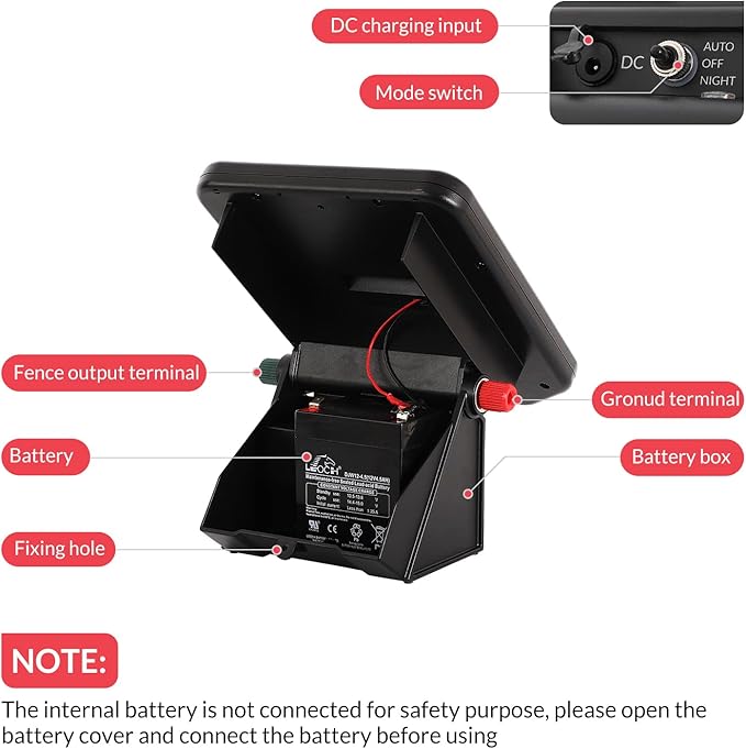 10 Miles Solar Electric Fence Charger with Day/Night Mode, 0.11J Portable Solar Fence Charger with Rechargeable Solar Panel for 24-Hour Uninterrupted Protection Electric Fence Energizer