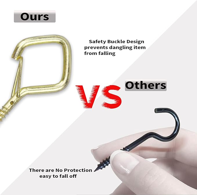 50 PCS Gold Eye Screw Hooks for Hanging Heavy Duty with Safety Buckle.Metal Ceiling Hooks for Hanging Plants Cup Wind Chime Bird Feeders Patio Lights at Indoor&Outdoor