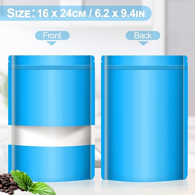 100 Pack Smell Mylar Proof Bags for Food Storage, Resealable Packaging Bags for Small Business, Stand Up Foil Pouches Reusable Heat Sealable Bags with Clear Window (Blue, 6.3x9.4 In)