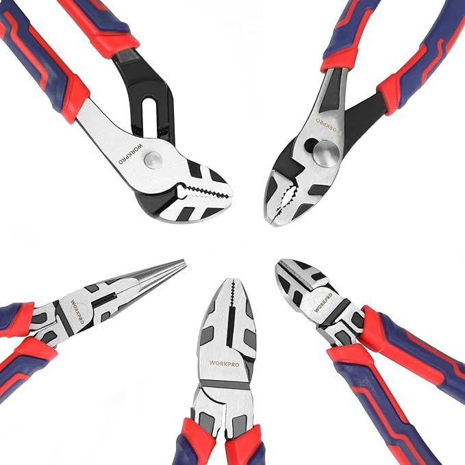 WORKPRO Pliers Set, Premium Cr-V Construction, Includes 6 Inch Slip Joint, Long Nose, Diagonal Cutting, 8 Inch Groove Joint, 7 Inch Linesman and Storage Pouch, for Basic Repair
