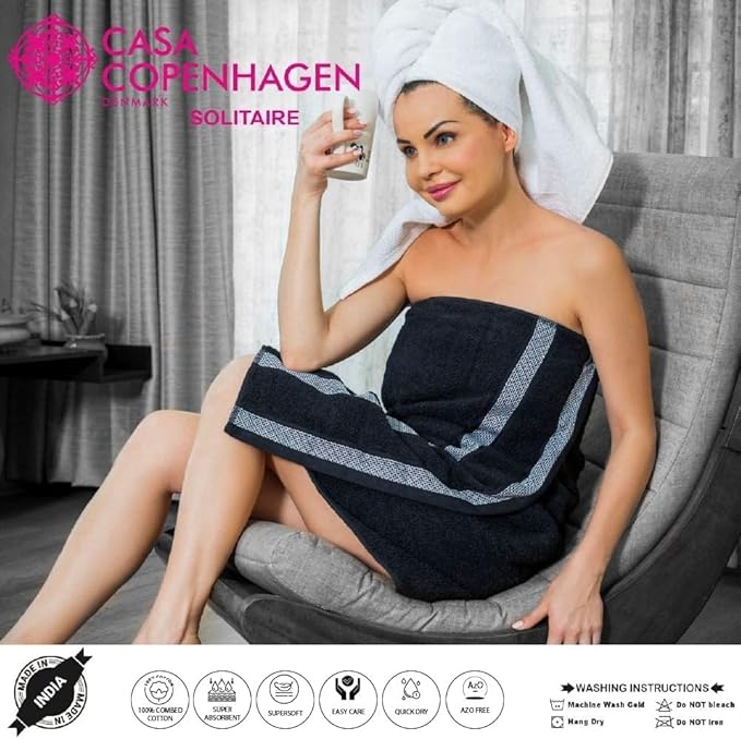 CASA COPENHAGEN Solitaire Mix 6 Pieces Towel Set- White + Jet Black, 600 GSM 2Bath Towel 2Hand Towel 2Washcloth, Designed in Denmark Made of Soft Egyptian Cotton for Bathroom, Kitchen & Shower