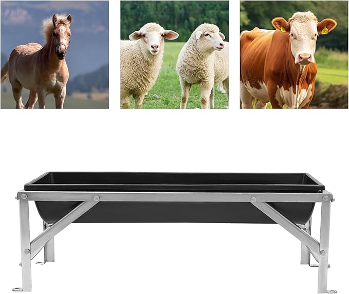 Livestock Feed Trough with Stand, 35L/9.25Gal Capacity Livestock Water Trough with Triangular-Structure Stand 39" Long Portable Farm Animal Feeder for Calves, Pigs, Sheep and Horses (Black)