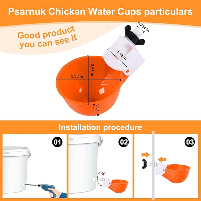 Chicken Waterer Cups (8 Pack/Orange) - DIY Automatic Large Chicken Water Feeder for Ducks,Chicks, Turkeys, Quail, Bunny, Bird and Other Various Poultry Dispenser with Matching Drill