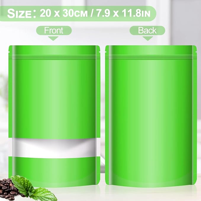 100 Pack Smell Mylar Proof Bags for Food Storage, Resealable Packaging Bags for Small Business, Stand Up Foil Pouches Reusable Heat Sealable Bags with Clear Window (Green, 7.8x11.8 In)