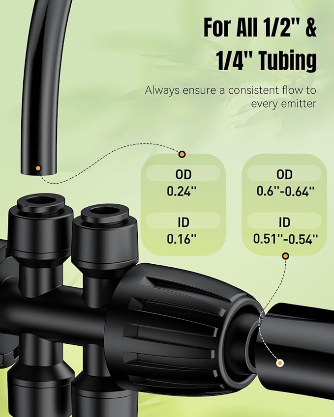 Pawfly 12 Pcs 1/2'' to 1/4'' Drip Irrigation Fittings, Anti-Leak Reducing Tees, Push-to-Fit Drip Irrigation Parts for Garden Lawn, 6-Way Barbed Tee Quick Connectors with Anti-Drop Locked Nuts