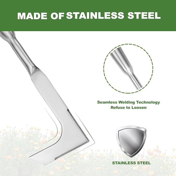 Haliaeetus Long Handle Crack Weeder Tool, 62'' L-Shape Stainless Steel Crevice Weeding Tool, Comfortable Wood Handle Paver Weeder, Sidewalk Weed Removal Tool for Driveway, Bricked Patio,Terrace Paving