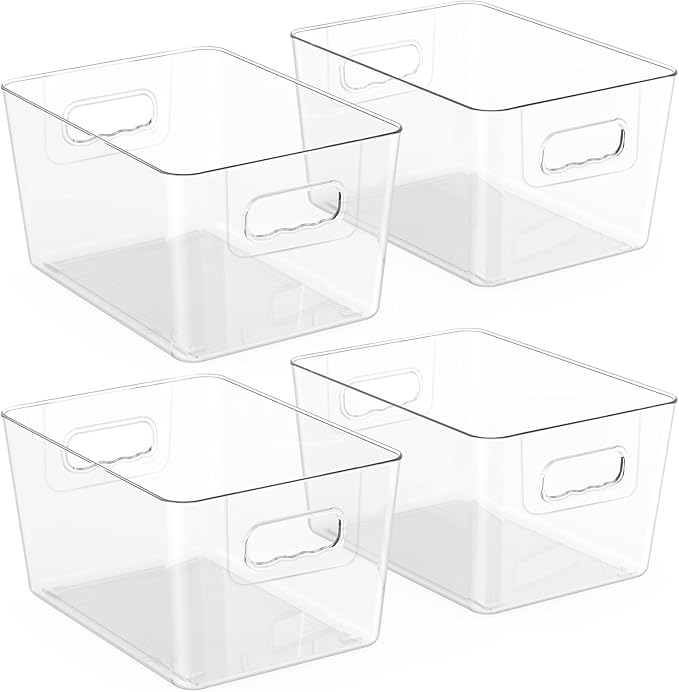 BALEINE Clear Plastic Storage Bins, Pantry Organization, BPA Free Stackable Refrigerator Organizers and Storage with Handles for Kitchen Fridge Cabinet Bathroom (4PK, 9.5x5.5x4.5)