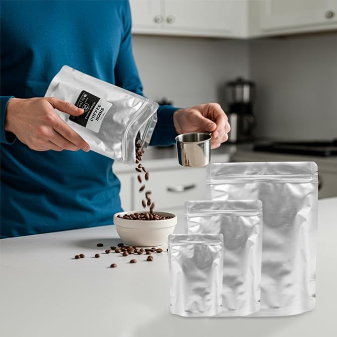 4CP Aluminum Mylar Bags, Food Storage with Oxygen Absorbers 300cc and Labels, Smell Proof Pouches, Thick 10 Mil Zipper Stand up Pouches, Long Term Food Container Sets 100 Pack