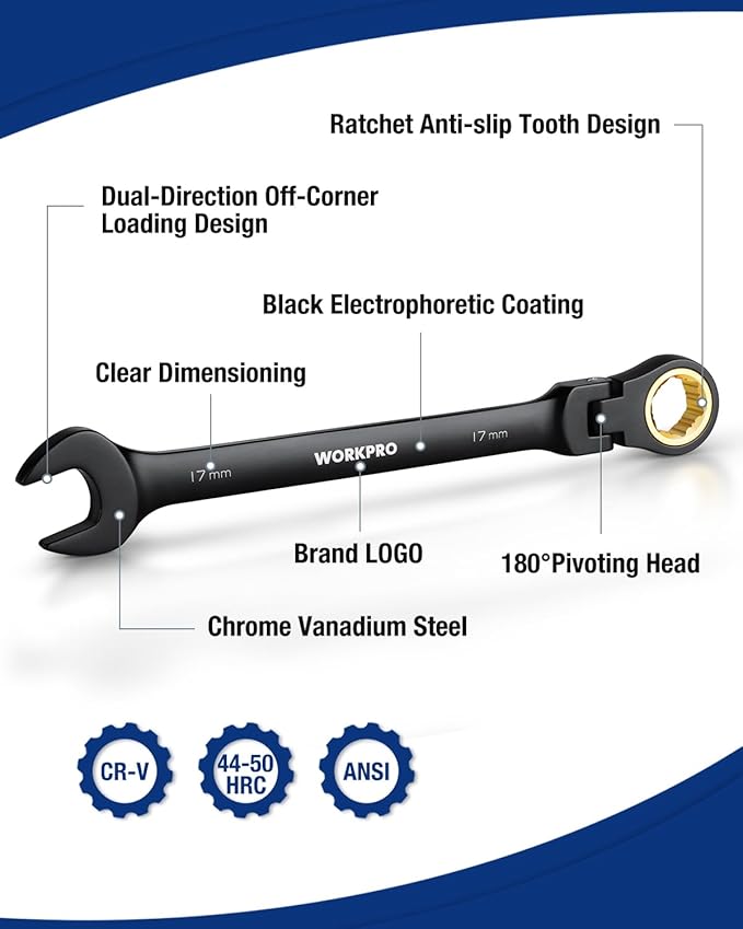 WORKPRO Ratcheting Combination Wrench Set, 8-piece Flex-Head Anti-Slip Set Metric 8-17 mm, 72-Teeth, Cr-V Constructed, Black Electrophoretic Coating with Rolling Pouch