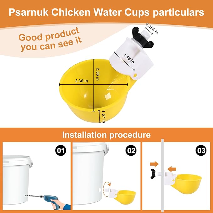 Chicken Waterer Cups (8 Pack/Yellow) - DIY Automatic Large Chicken Water Feeder for Ducks,Chicks, Turkeys, Quail, Bunny, Bird and Other Various Poultry Dispenser with Matching Drill
