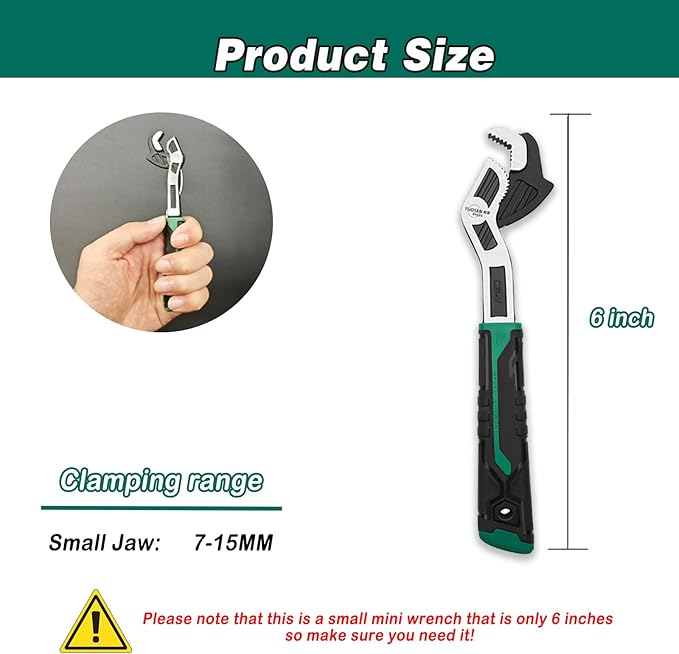 6 Inch Adjustable Wrench - Auto Size Adjusting, 0.28"-0.6" (7-15MM), Multi-Size Spring Adjustable, Rapid Wrench for Car, Bicycle, Plumbing Repairs