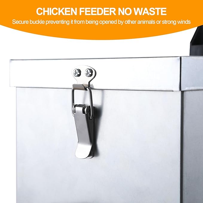 Automatic Chicken Feeder Box 50 lbs, 8 Feeding Ports, No Waste Poultry Feeder with Locking Lid and Adjustable Legs for Chickens, Ducks, Geese Galvanized Metal (50 Lbs-8 Ports)