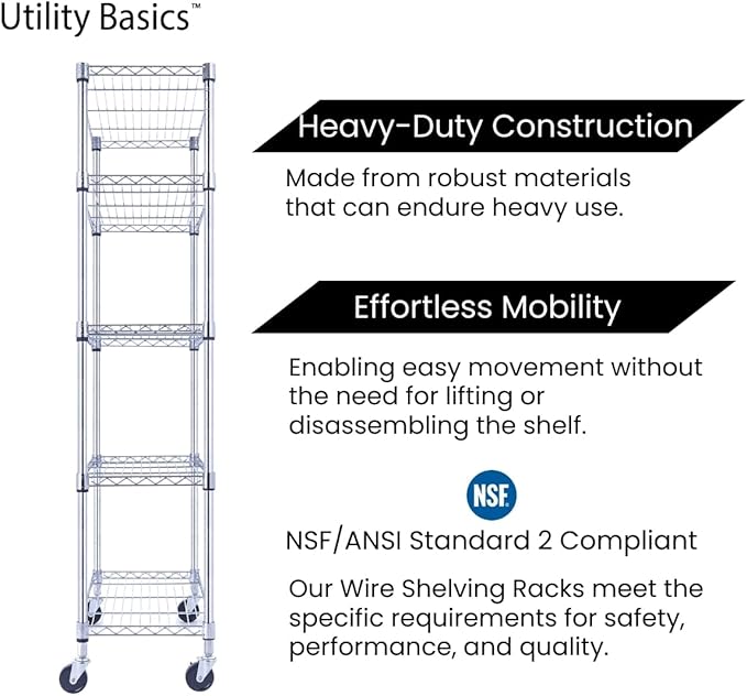 5-Tier Wire Shelving with Wheels, 30"x14"x60" Heavy Duty Metal Shelves 1750 lbs Max Capacity, Chrome Storage Rack for Garage Kitchen Pantry
