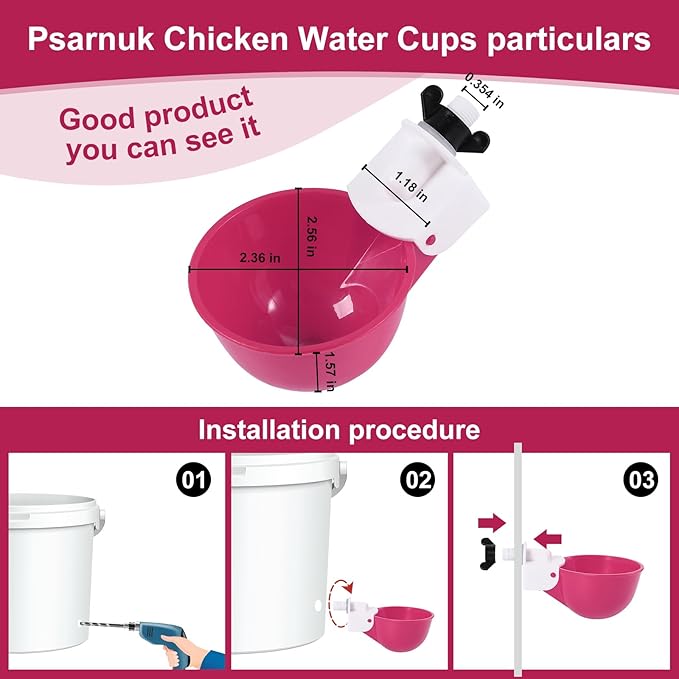 Chicken Waterer Cups (8 Pack/Purplish Red) - DIY Automatic Large Chicken Water Feeder for Ducks,Chicks, Turkeys, Quail, Bunny, Bird and Other Various Poultry Dispenser with Matching Drill