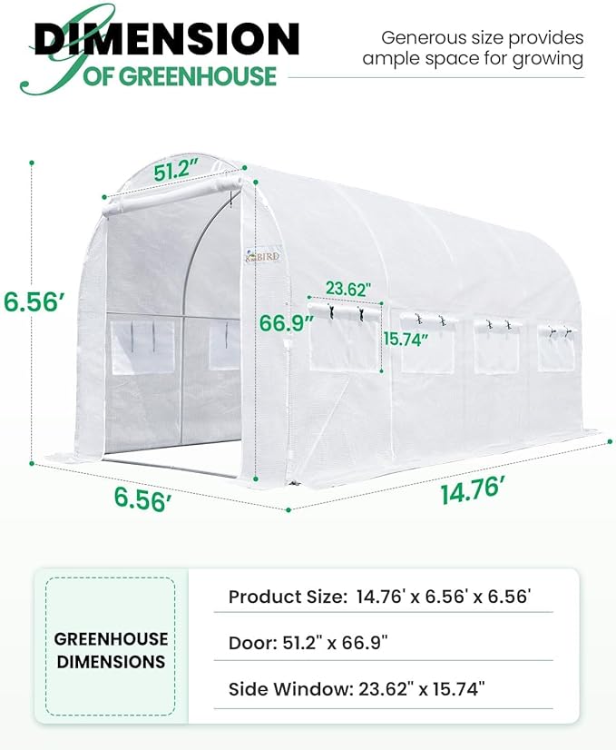 KING BIRD Premium 15x6.6x6.6FT Greenhouse for Outdoors, Large Walk-in Heavy Duty Galvanized Steel Frame, Mesh Door Screen Window Tunnel Hoop Garden Plant Winter Hot House, with Watering Kits, White