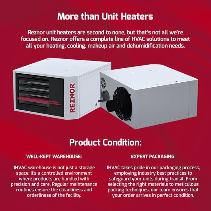 Reznor 200,000 BTU LP Gas Commercial Propane Heater | Garage, Warehouse, and Propane Shop Heater | Forced Air Unit, Ceiling Mount, Low Static Propeller Fan | UDXC-200