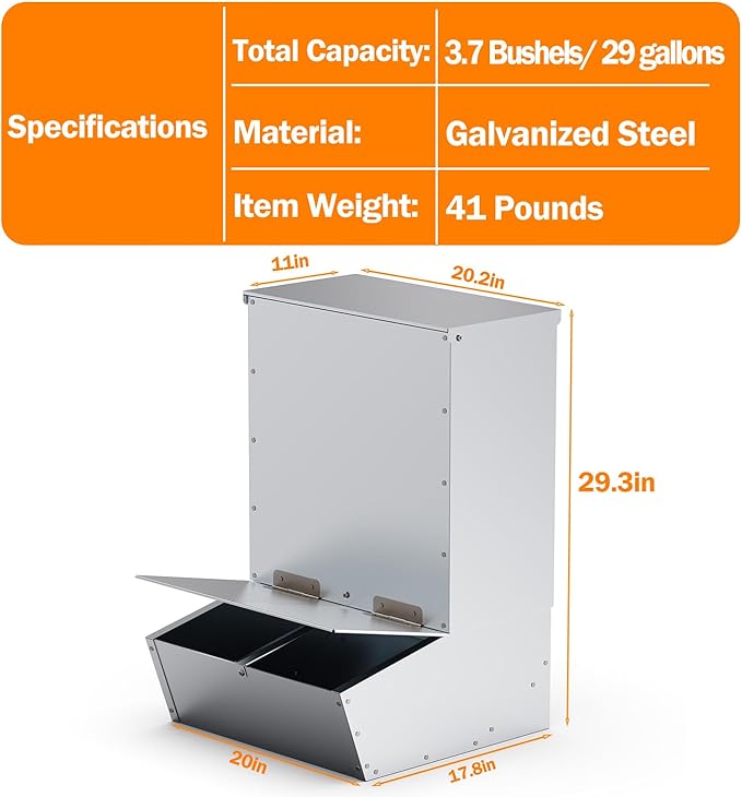 2 Door Hog Feeder, 3.7 Bushels Pig Feeder, Heavy Duty Galvanized Steel Piglet Creep Feeder, Easy Installation in Farm, Silver