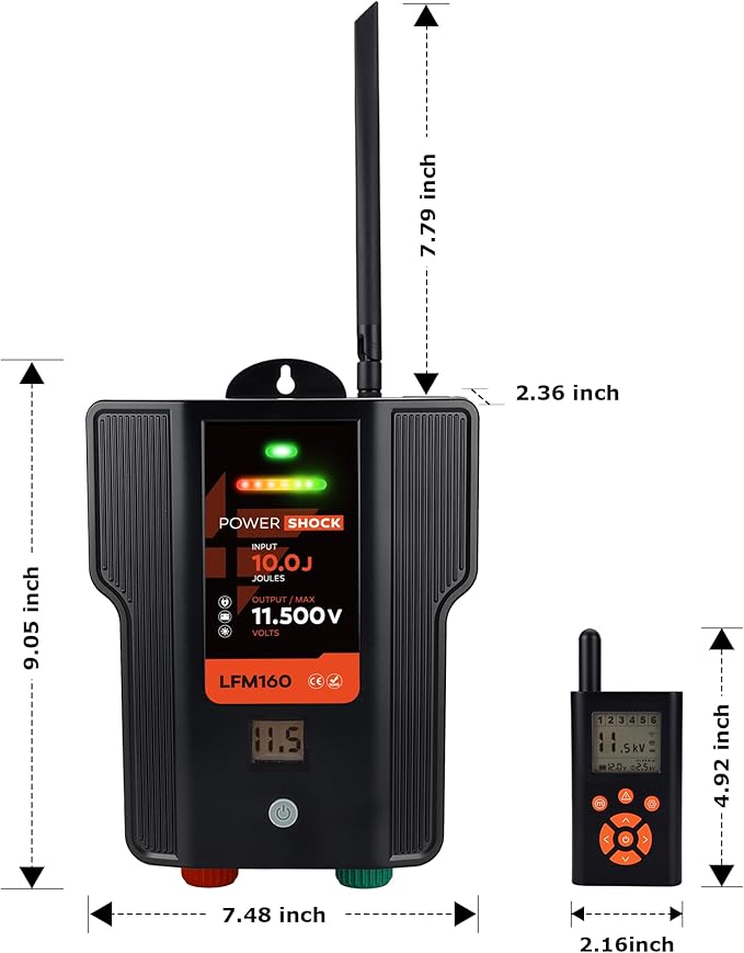 Electric Fence Charger AC DC Powered 65 Miles 200 Acres, 110 Volt 2 Joule Plug-in Electric Fence Energizer, Output Voltage Max 12 kV for Livestock, Preventing Predators from Intruding