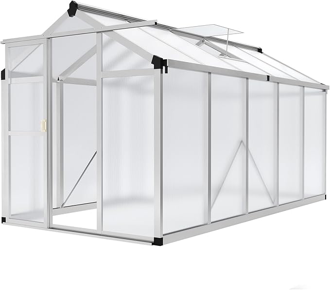 6x10 FT Greenhouse, Large Aluminum Greenhouses for Outdoors, Heavy Duty Polycarbonate Greenhouse with Roof Vent, Walk-in Green Houses for Winter Garden, Backyard, Patio, Lawn, Easy Assembly