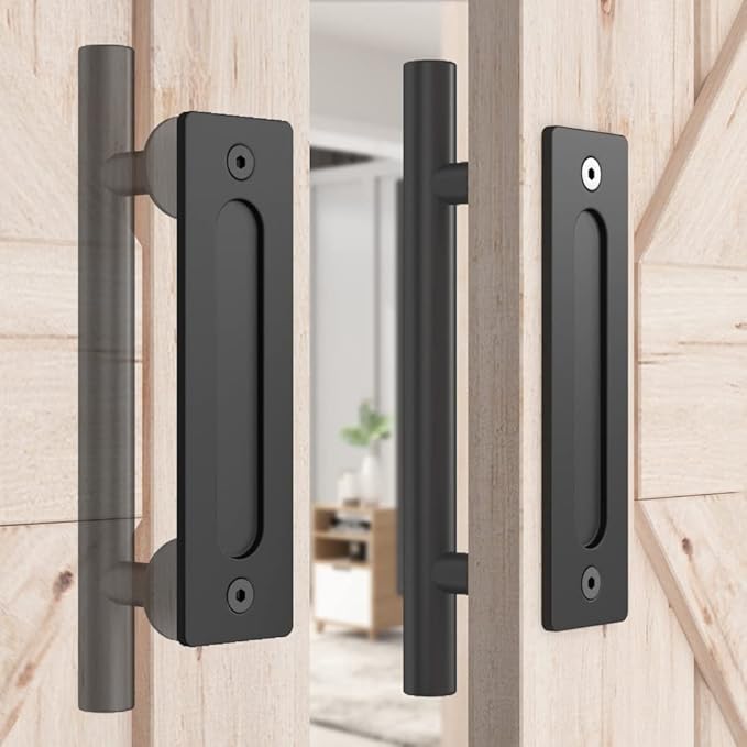 SKYSEN 2 Pack 12" Barn Door Handles, Sliding barn Door Pull Handle, No Gap Flat Plate Design- Heavy Duty- Round- Easy to Install- Matt Black (681-2)