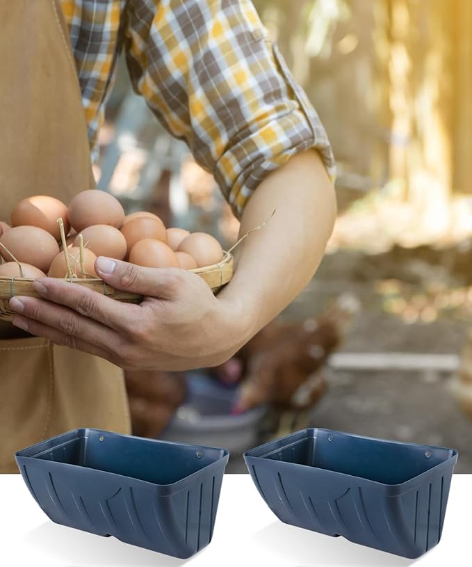 Chicken Feeders, 2 Pack, Duck Feeders and Waterers, Hanging Poultry Water Feeder, Livestock Fence Feeder, Feed Trough and Waterer Bucket with Clips, Blue