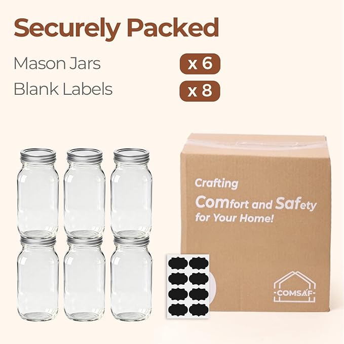 ComSaf 24 oz Mason Jars Regular Mouth 6 Pcs, Large Canning Jars with Seal Bands, 24 oz Glass Jar with Lid for Jams, Sauces, Juice, Coffee, Pickling, Fruit, Dessert, Kitchen Storage