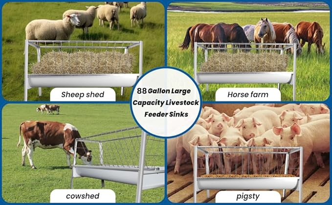 5 Ft Long Goat Hay Feeder, 88 Gallon Feeding Tray for Livestock Feeder, 2 in 1 Hay Feeder for Goats, Feeding Goats, Sheep and Ponies, for Farms, Sheep Sheds (Galvanized)