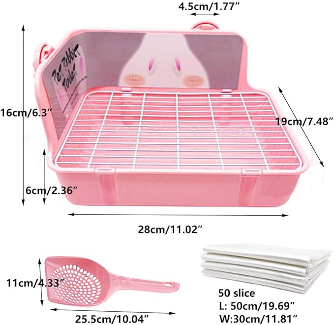 Bunny Litter Box with Grate, Rabbit Corner Litter Pan, Pet Toilet Potty Trainer with Scoop & Disposable Liner for Guinea Pig Ferrets Chinchilla