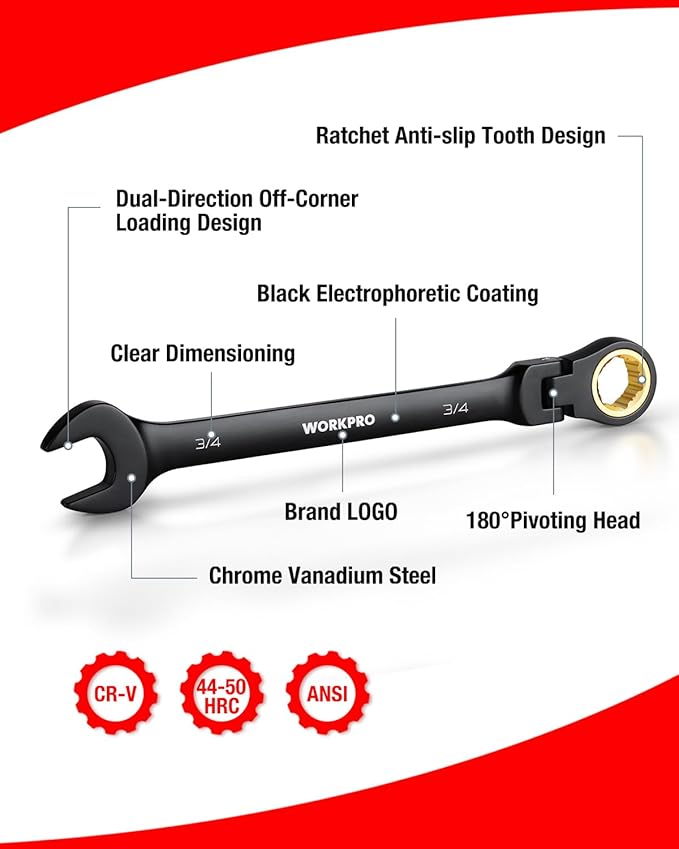 WORKPRO Ratcheting Combination Wrench Set, 8-piece Flex-Head Anti-Slip Set SAE 5/16-3/4 inch, 72-Teeth, Cr-V Constructed, Black Electrophoretic Coating with Rolling Pouch