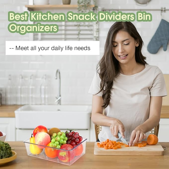 Snack Organizer for Pantry Shelf, 4 Pack Clear Plastic Pantry Storage Bins with 3 Dividers for Snacks, Spices, Chips Food Organizer, Stackable Pantry Organizers for Kitchen, Fridge, Cabinet