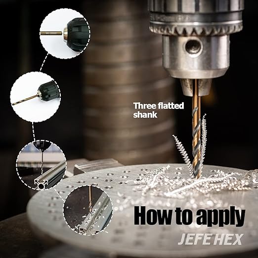 JEFE HEX 12 Pcs 7/32" (Pack of 3, 4 Pack, Total 12) HSS Jobber Twist Drill Bit Set 3 Flats Shank Black and Gold Drill Bits