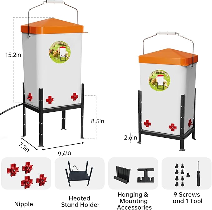 Nexum 3 Gallon Heated Chicken Waterer, Thermostatically Controlled Anti-Freeze Poultry Drinker with 4 Nipples & Adjustable Stand for Winter Coop Accessories (Orange)