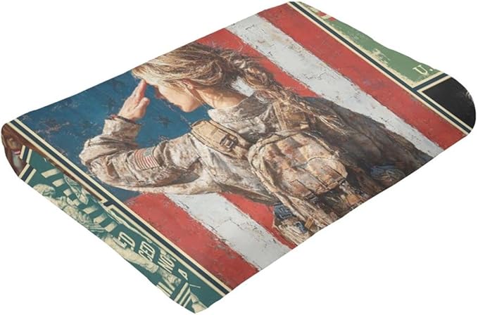 Patriotic Soldier Throw Blanket Female Soldier Flannel Blankets Women American Army Plush Super Soft Cozy Warm Decor Gifts for Boys Girls Kids Adults Men Women 60" x 80"