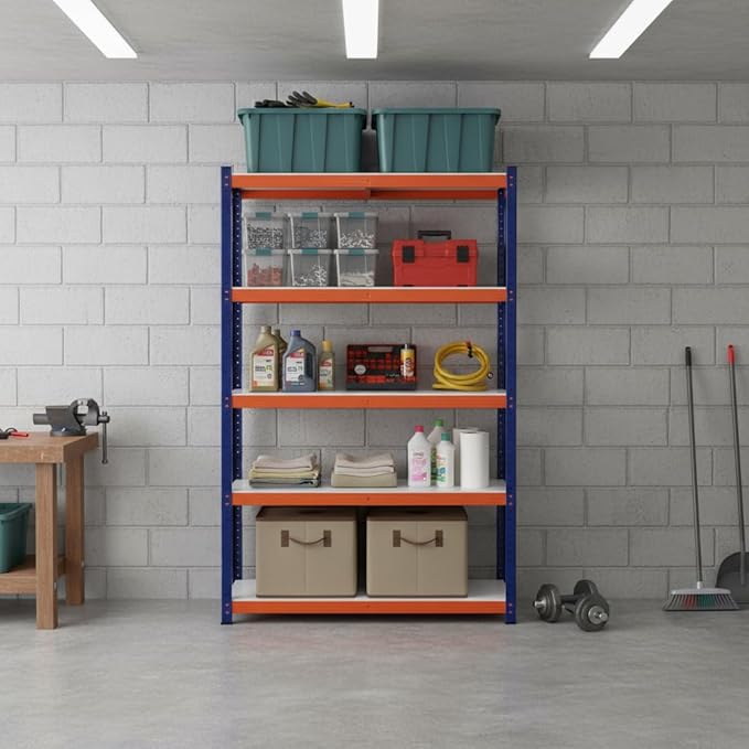 Heavy Duty Storage Shelving Unit, 5-Tier Metal Rack, Blue and Orange Iron Frame, 70.8x35.4x15.7 Inches, Multipurpose Organization for Garage, Kitchen, Office