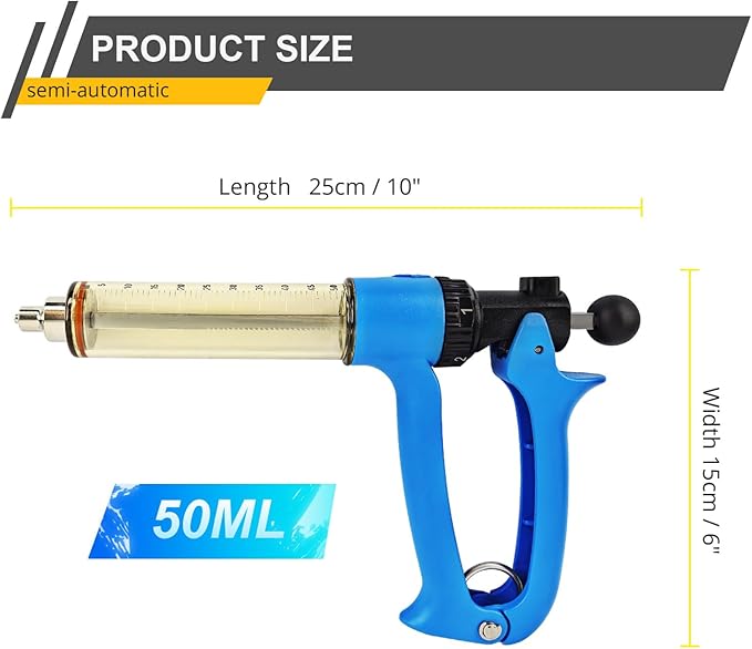 50ML Semi Automatic Livestock Syringe for Cow Goat Cattle Sheep Pig, 5 Gears Adjustable Continuous Repeating Injection, Veterinary Cattle Vaccine Luer Lock Syringe with 2 Tubes