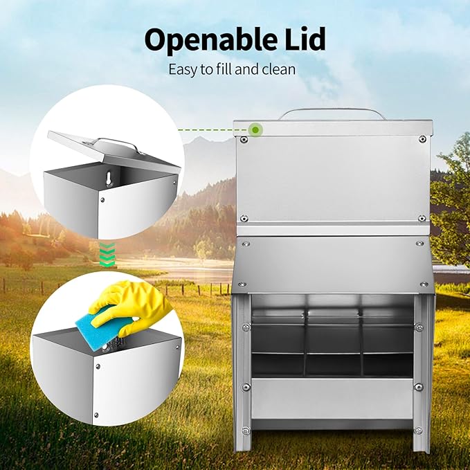 RYFT Galvanized Chicken Feeder 11.5 Lbs Capacity, Outdoor Rat Proof Metal Poultry Feeder with Lid, Hanging Chicken Feeder, Coop Food Dispenser No Waste for Chicken, Duck