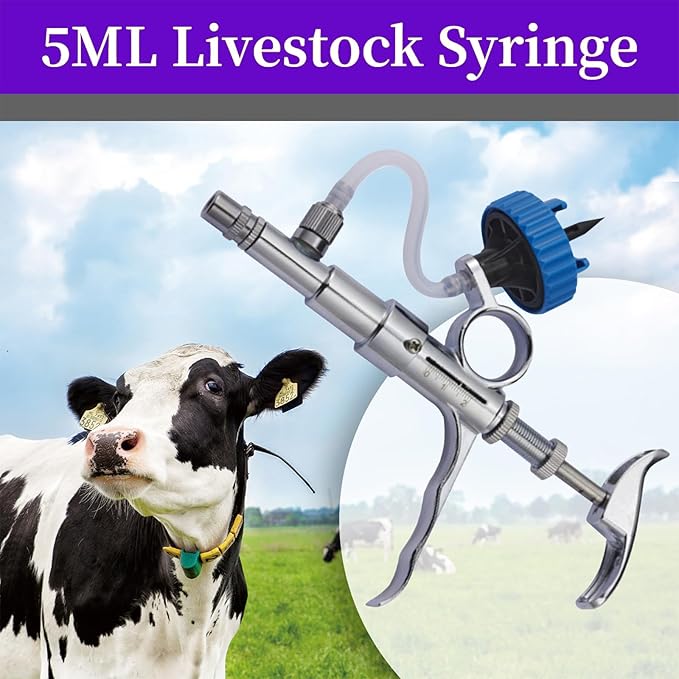 5ML Livestock Syringe Gun, Automatic Self Refill Injection Gun Continuous Adjustable Bottle Attachment Livestock Animal Syringe with 10 Needles, for Chicken, Duck, Pig, Sheep, Cow Poultry