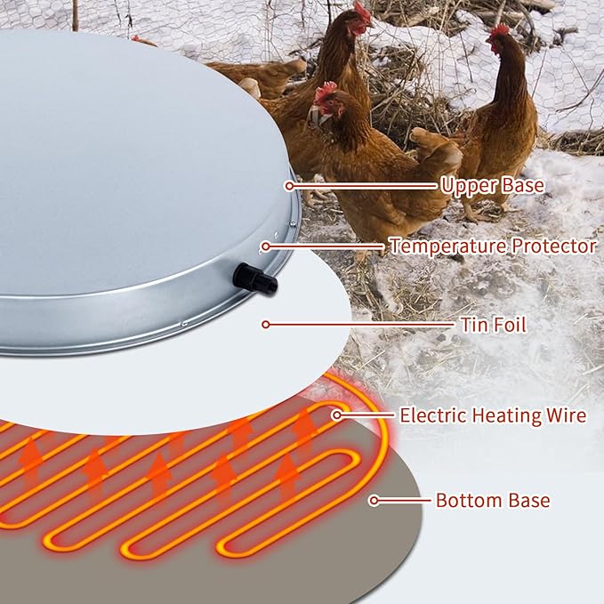 Chicken Water Heater for Winter,110Watt Heated Poultry Waterer Base,with Thermostat and 9.8ft Power Cord, Dia.11in