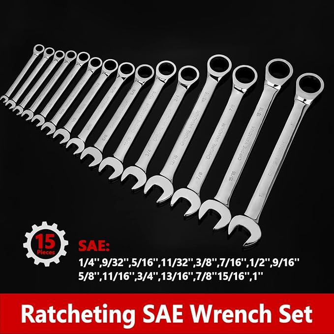 Egofine 15-piece SAE Ratcheting Wrench Set, SAE 1/4" to 1" Chrome Vanadium Steel, 12-Point, 72-Teeth Open End and Box End Combination Tool with a Roll Up Storage Bag
