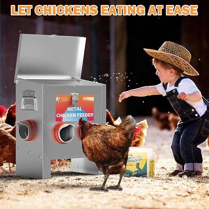 Automatic Chicken Feeder No Waste 25 Pounds 4 Ports Metal Poultry Feeder with Latch & Handle for Chickens Bantams Pheasants Poultry Coop Weatherproof
