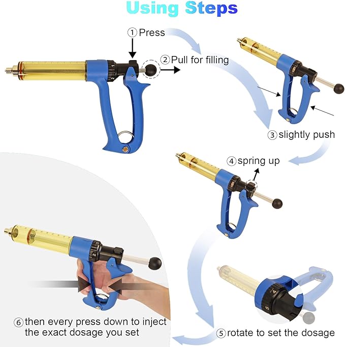 25ML Semi-automatic Livestock Syringe, Adjustable Continuous Repeating Cattle Vaccine Luer Lock Syringe for Cow Goat Sheep Pig