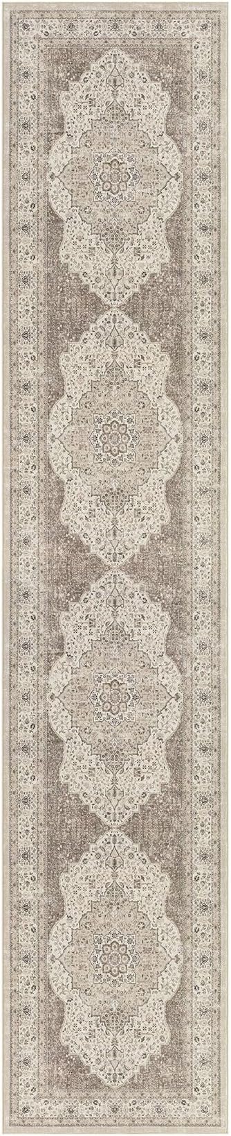 Washable 3x14 Hallway Runner Rug - Vintage Floral Stain & Fade Resistant Non-Slip Backing Ultra-Thin Long Carpet for Entryway, Bedroom, Kitchen, Corridor Decor (Brown/Beige)