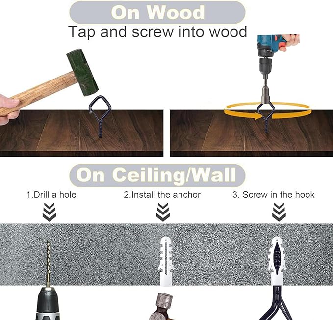 10PCS Eye Screw Hooks for Hanging Heavy Duty with Safety Buckle.Metal Ceiling Hooks for Hanging Plants,Cup,Wind Chime,Bird Feeders,String Lights at Indoor&Outdoor,2.36 Inches Black