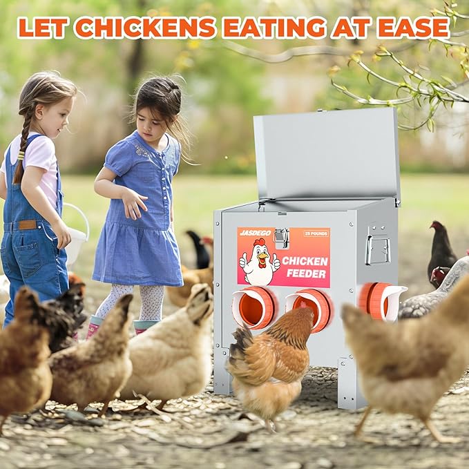 Metal Chicken Feeder No Waste 10 Ports Automatic Poultry Feeder Large Capacity 85 Pounds with Latch & Handle for Chickens Bantams Pheasants Poultry Coop Weatherproof