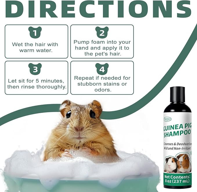 Guinea Pig Shampoo 8 oz - Naturally Effective Shine Skin & Coat Formula - NO Fragrance, Hypoallergenic, Relieves Dry, Itchy Skin, Eliminates Odors
