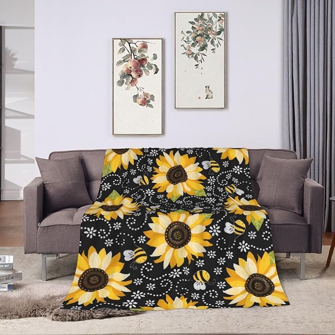 Sunflower Blanket Super Cozy Soft Sunflower Throw Blanket Gifts for Women Girls Warm Plush Fluffy Sunflower Bee Stuff Fleece Flannel Gift Blankets for Kids Adults 60"X50"