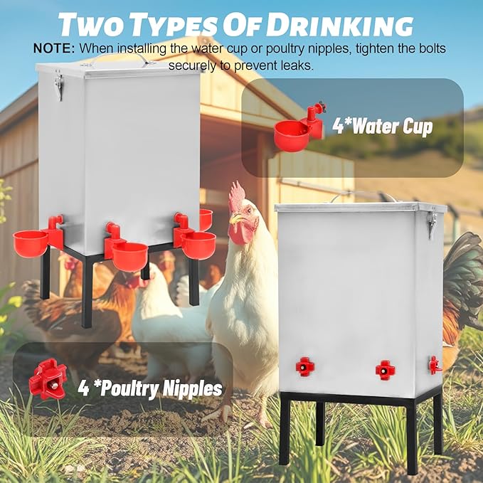 Chicken Waterer 3 Gallons,Stainless Steels Automatic Chicken Waterer ,Poultry Watering No Waste 4 Water Cups Chicken Waterer and 4 Horizontal Automatic Chicken Nipples,with Latch and Bottom Bracket